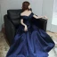 Chic / Beautiful Navy Blue Glitter Satin Prom Dresses 2022 A-Line / Princess Off-The-Shoulder Short Sleeve Backless Floor-Length / Long Formal Dresses