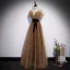 Chic / Beautiful Champagne Spotted Prom Dresses 2022 A-Line / Princess Off-The-Shoulder Short Sleeve Backless Bow Floor-Length / Long Formal Dresses