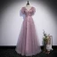 Elegante Lavendel Ballkleider 2022 A Linie V-Ausschnitt Perlenstickerei Applikationen Pailletten Kurze Ärmel Rückenfreies Lange Festliche Kleider