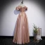 Chic / Beautiful Champagne Satin Prom Dresses 2022 A-Line / Princess Off-The-Shoulder Short Sleeve Backless Floor-Length / Long Formal Dresses