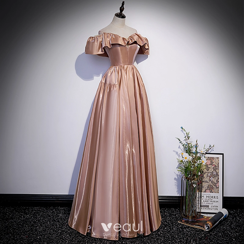 Chic / Beautiful Champagne Satin Prom Dresses 2022 A-Line / Princess  Off-The-Shoulder Short Sleeve Backless Floor-Length / Long Formal Dresses