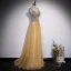 Chic / Beautiful Yellow Beading Sequins Prom Dresses 2022 A-Line / Princess V-Neck Sleeveless Backless Floor-Length / Long Formal Dresses