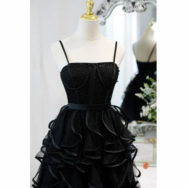 Sexy Champagne Pearl Cascading Ruffles Birthday Party Dresses 2022 A-Line / Princess Spaghetti Straps Sleeveless Backless Floor-Length / Long Formal Dresses