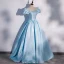 Élégant Bleu Ciel Satin Robe De Bal 2022 Robe Boule Encolure Dégagée Perlage Noeud Gonflée Manches Courtes Dos Nu Longue Robe De Ceremonie