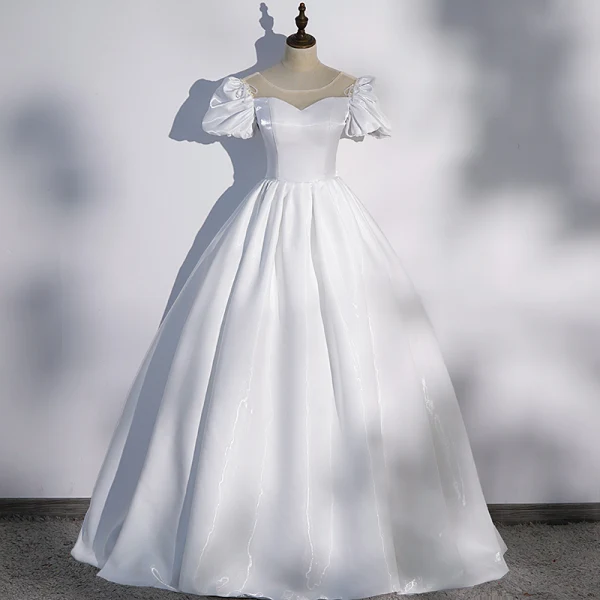 Elegant Black Satin Prom Dresses 2022 Ball Gown Scoop Neck Puffy Short Sleeve Beading Bow Backless Floor-Length / Long Formal Dresses