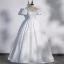 Elegant Black Satin Prom Dresses 2022 Ball Gown Scoop Neck Puffy Short Sleeve Beading Bow Backless Floor-Length / Long Formal Dresses