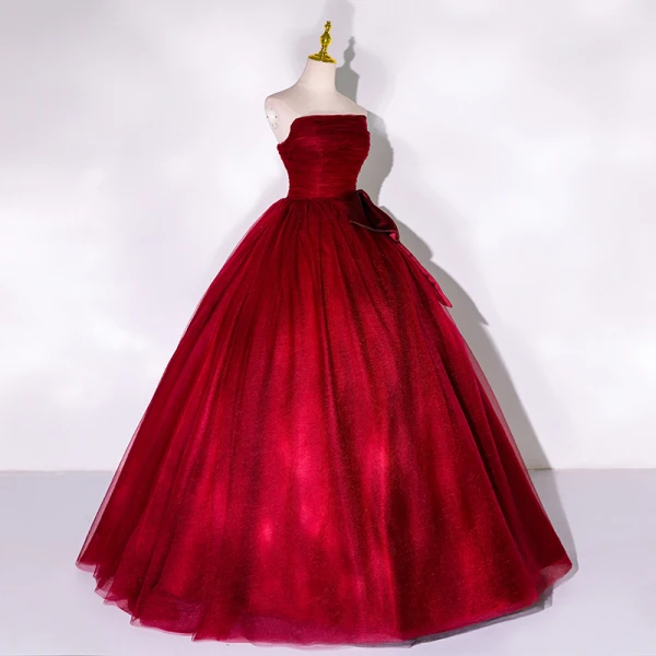 Elegant Burgundy Prom Dresses 2022 Ball Gown Strapless Sleeveless Backless Bow Floor-Length / Long Formal Dresses