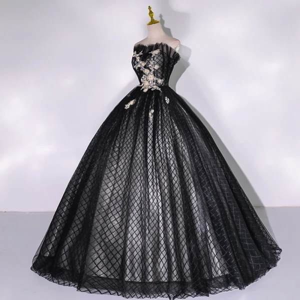 Chic / Beautiful Black Prom Dresses 2022 Ball Gown Ruffle Strapless Beading Pearl Rhinestone Sleeveless Backless Floor-Length / Long Formal Dresses