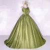 Vintage / Retro Clover Green Satin Prom Dresses 2022 Ball Gown Strapless Sleeveless Backless Sweep Train Formal Dresses