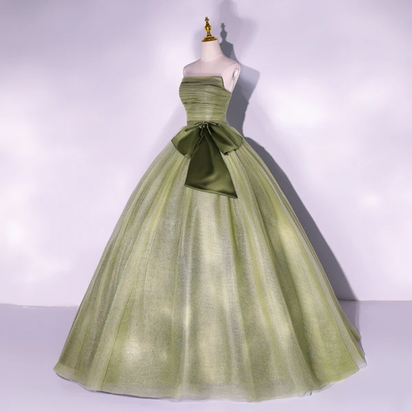 Elegant Sage Green Prom Dresses 2022 Ball Gown Strapless Sleeveless Backless Bow Floor-Length / Long Formal Dresses