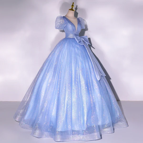 Elegant Glitter Sky Blue Sequins Prom Dresses 2022 Ball Gown Scoop Neck Short Sleeve Backless Bow Floor-Length / Long Formal Dresses
