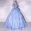 Elegant Glitter Sky Blue Sequins Prom Dresses 2022 Ball Gown Scoop Neck Short Sleeve Backless Bow Floor-Length / Long Formal Dresses