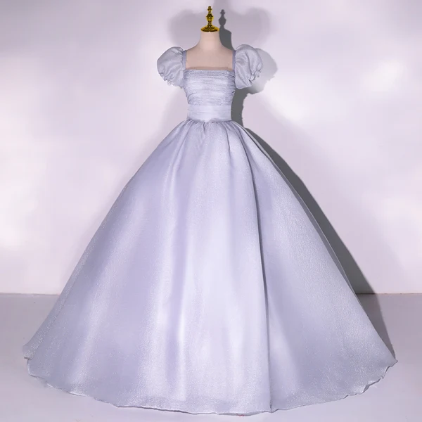 Elegant Ocean Blue Prom Dresses 2022 Ball Gown Square Neckline Puffy Short Sleeve Backless Floor-Length / Long Formal Dresses