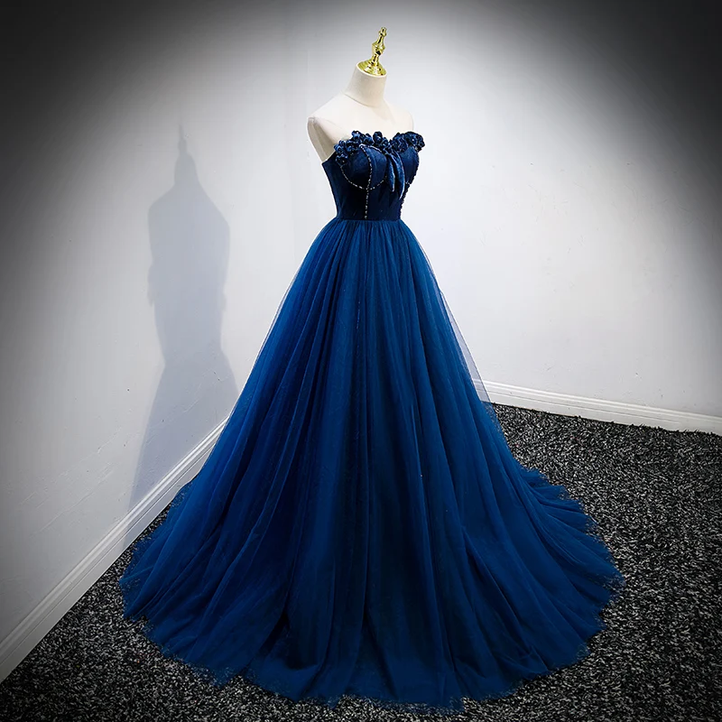 Elegant Royal Blue Suede Prom Dresses 2022 A-Line Princess Strapless Sleeveless Backless