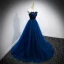 Elegant Royal Blue Suede Prom Dresses 2022 A-Line / Princess Strapless Sleeveless Backless Sweep Train Formal Dresses
