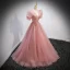 Chic / Beautiful Candy Pink Prom Dresses 2022 Ball Gown V-Neck Beading Sequins Puffy Short Sleeve Backless Floor-Length / Long Formal Dresses