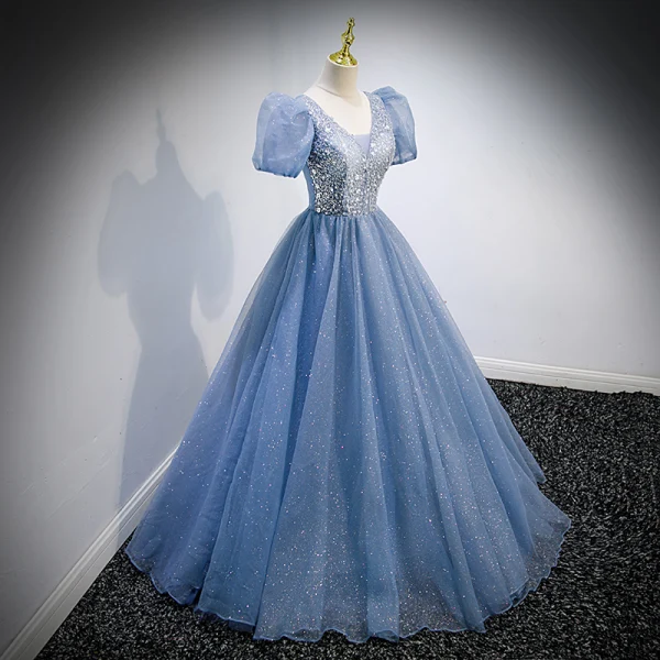 Chic / Belle Bleu Ciel Glitter Perlage Paillettes Robe De Bal 2022 Robe Boule V-Cou Manches Courtes Dos Nu Longue Robe De Ceremonie
