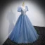Chic / Belle Bleu Ciel Glitter Perlage Paillettes Robe De Bal 2022 Robe Boule V-Cou Manches Courtes Dos Nu Longue Robe De Ceremonie