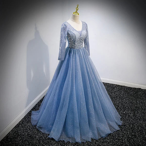 Chic / Belle Bleu Ciel Glitter Perlage Paillettes Robe De Bal 2022 Robe Boule V-Cou Manches Longues Dos Nu Longue Robe De Ceremonie