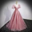 Elegant Blushing Pink Prom Dresses 2022 Ball Gown Floor-Length / Long V-Neck Beading Rhinestone Butterfly Appliques Puffy Short Sleeve Backless Formal Dresses