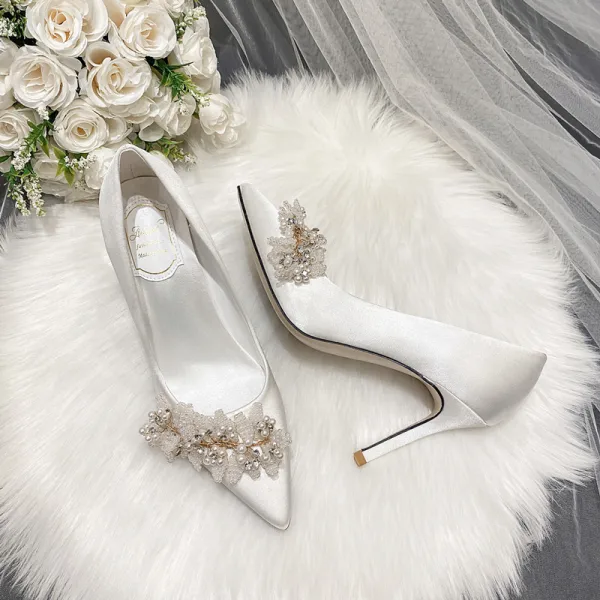 Elegant Ivory Beading Pearl Rhinestone Wedding Shoes 2022 9 cm Stiletto Heels Pointed Toe Wedding Pumps High Heels