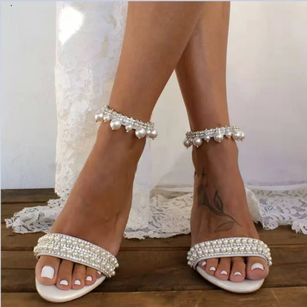 Sexy White Pearl Rhinestone Wedding Shoes 2022 Ankle Strap 8 cm Stiletto Heels Open / Peep Toe Wedding Sandals High Heels