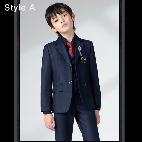 Fashion Navy Blue Long Sleeve Boys Wedding Suits 2022 Coat Pants Shirt Tie Vest Wedding