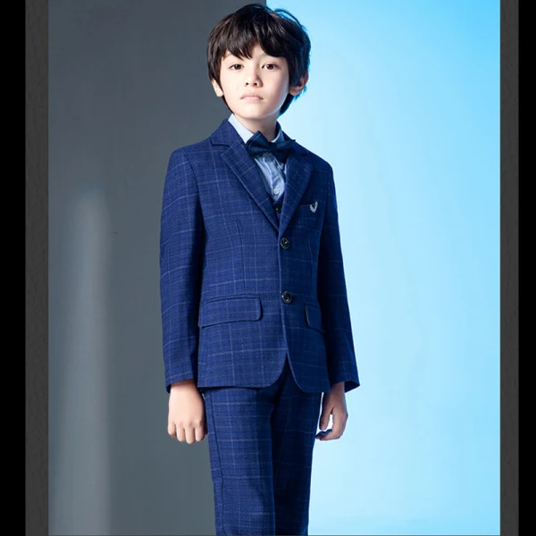 Mode Bleu Marine Manches Longues Costume Garçon Mariage 2022 Mariage Manteau Pantalon Chemise Gilet Rubans