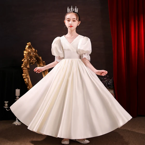Modest / Simple Clover Green Satin Birthday Flower Girl Dresses 2022 Ball Gown V-Neck Puffy Short Sleeve Backless Floor-Length / Long Flower Girl Dresses