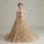 Schöne Champagner Perle Spitze Blumen Pailletten Geburtstag Ball Blumenmädchenkleider 2022 Ballkleid Off Shoulder Kurze Ärmel Rückenfreies Lange Blumenmädchenkleider