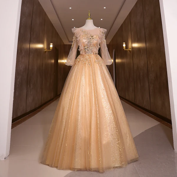 Charmant Champagne Perlage Perle Paillettes En Dentelle Fleur Robe De Bal 2022 Robe Boule Encolure Dégagée Manches Longues Dos Nu Longue Robe De Ceremonie