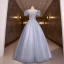 Elegant Sky Blue Lace Flower Prom Dresses 2022 Ball Gown Scoop Neck Beading Pearl Sequins Rhinestone Puffy Short Sleeve Backless Floor-Length / Long Formal Dresses