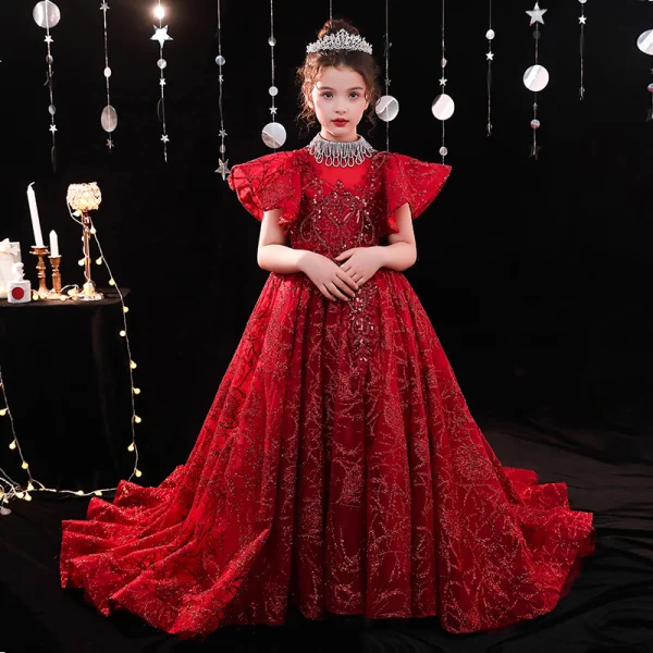 Sparkly Gold Beading Pearl Sequins Lace Flower Birthday Flower Girl Dresses 2022 Ball Gown High Neck Short Sleeve Court Train Flower Girl Dresses