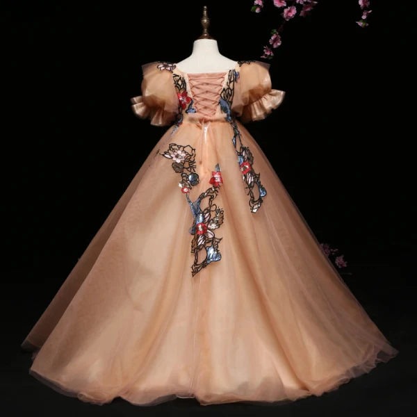 Flower Fairy Champagne Flower Girl Dresses 2022 Ball Gown Scoop Neck Lace Flower Sequins Appliques Puffy Short Sleeve Backless Floor-Length / Long Flower Girl Dresses