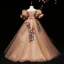 Flower Fairy Champagne Flower Girl Dresses 2022 Ball Gown Scoop Neck Lace Flower Sequins Appliques Puffy Short Sleeve Backless Floor-Length / Long Flower Girl Dresses