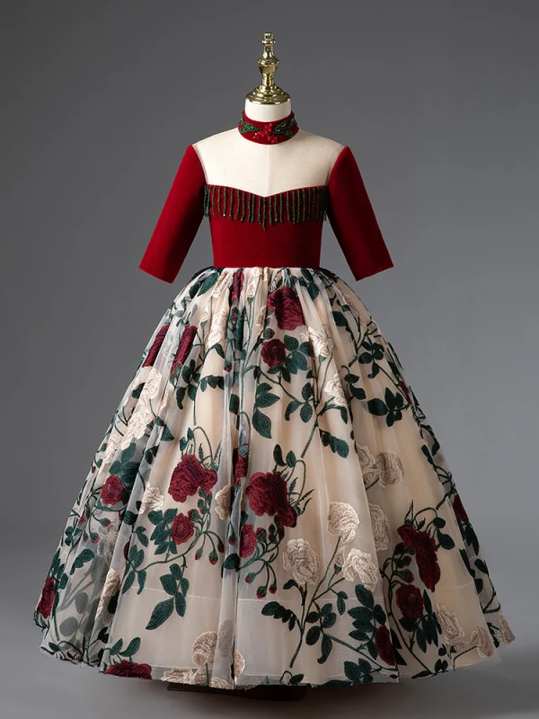 Elegant Burgundy Birthday Flower Girl Dresses 2022 Ball Gown High Neck Beading Tassel Lace Flower 1/2 Sleeves Backless Floor-Length / Long Flower Girl Dresses
