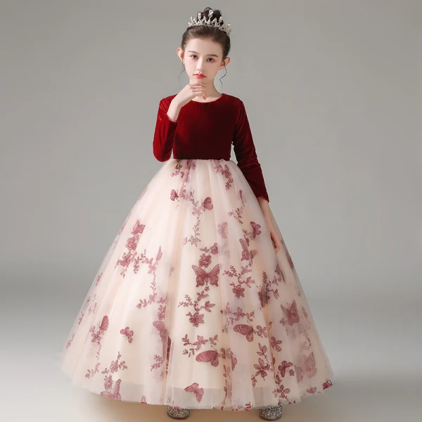 Chic / Beautiful Burgundy Suede Birthday Flower Girl Dresses 2022 Ball Gown Scoop Neck Lace Butterfly Long Sleeve Floor-Length / Long Flower Girl Dresses