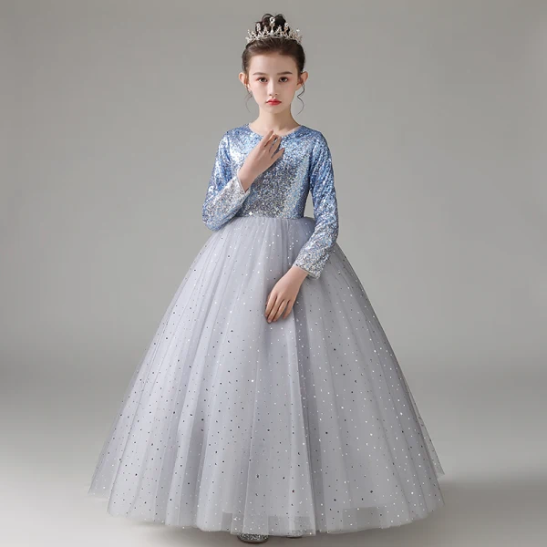 Sparkly Sky Blue Gradient-Color Sequins Birthday Flower Girl Dresses 2022 Ball Gown Scoop Neck Long Sleeve Floor-Length / Long Flower Girl Dresses