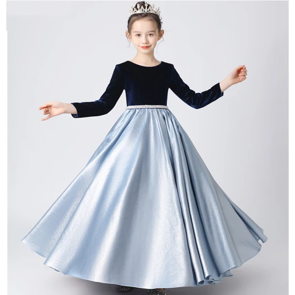 Vintage / Retro Navy Blue Suede Satin Birthday Flower Girl Dresses 2022 A-Line / Princess Scoop Neck Long Sleeve Floor-Length / Long Flower Girl Dresses