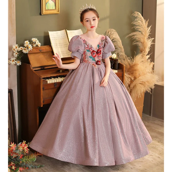 Sparkly Lavender Glitter Sequins Lace Flower Flower Girl Dresses 2022 Ball Gown Birthday Scoop Neck Short Sleeve Backless Floor-Length / Long Flower Girl Dresses