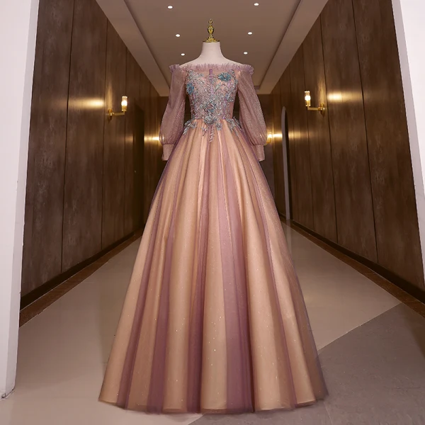 Elegant Purple Pearl Sequins Lace Flower Prom Dresses 2022 Ball Gown Off-The-Shoulder Long Sleeve Floor-Length / Long Formal Dresses