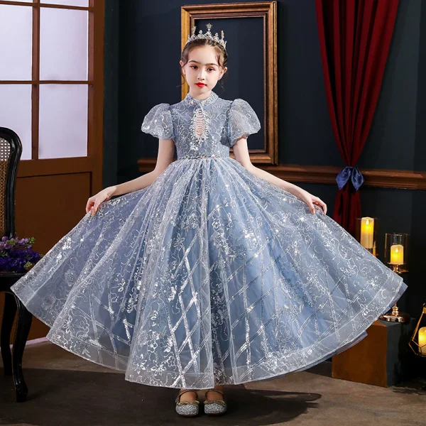 Sparkly Sky Blue Pearl Rhinestone Sequins Birthday Flower Girl Dresses 2022 Ball Gown High Neck Puffy Short Sleeve Backless Floor-Length / Long Flower Girl Dresses