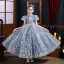 Sparkly Sky Blue Pearl Rhinestone Sequins Birthday Flower Girl Dresses 2022 Ball Gown High Neck Puffy Short Sleeve Backless Floor-Length / Long Flower Girl Dresses