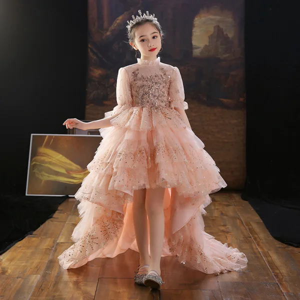 Chic / Beautiful Pearl Pink Beading Lace Sequins Cascading Ruffles Birthday Flower Girl Dresses 2022 Ball Gown High Neck 1/2 Sleeves Sweep Train Flower Girl Dresses