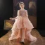 Chic / Beautiful Pearl Pink Beading Lace Sequins Cascading Ruffles Birthday Flower Girl Dresses 2022 Ball Gown High Neck 1/2 Sleeves Sweep Train Flower Girl Dresses