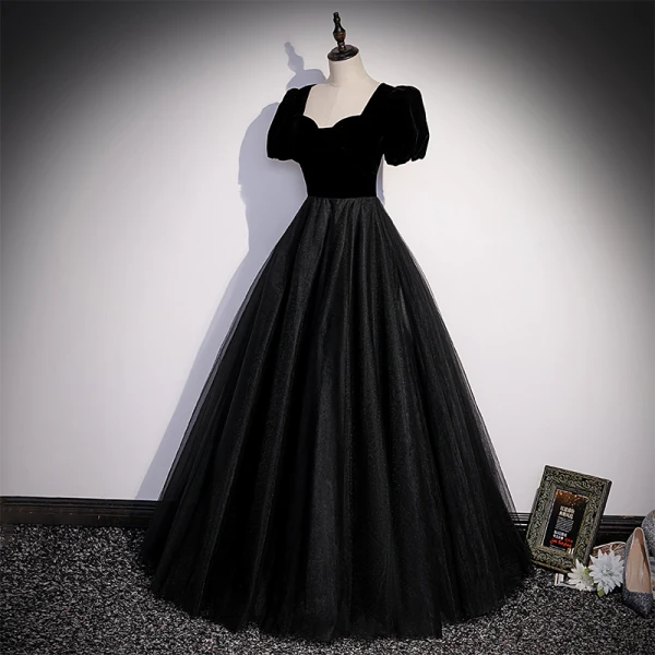 Elegant Black Suede Prom Dresses 2022 A-Line / Princess Square Neckline Short Sleeve Floor-Length / Long Formal Dresses