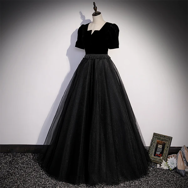 Elegant Black Suede Prom Dresses 2022 A-Line / Princess Square Neckline Beading Tassel Short Sleeve Floor-Length / Long Formal Dresses