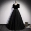 Elegant Black Suede Prom Dresses 2022 A-Line / Princess Square Neckline Beading Tassel Short Sleeve Floor-Length / Long Formal Dresses