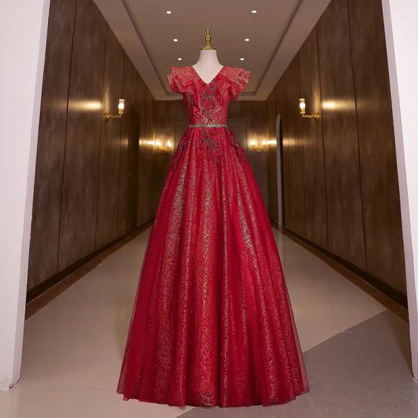Chic / Beautiful Burgundy Glitter Sequins Prom Dresses Ball Gown 2022 V-Neck Rhinestone Short Sleeve Backless Floor-Length / Long Formal Dresses