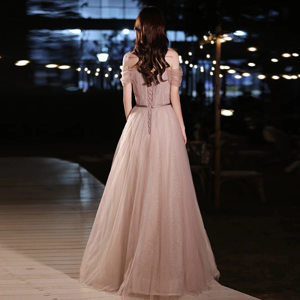 Chic / Belle Rougissant Rose Robe De Bal 2022 Princesse De l'épaule Noeud Paillettes Faux Diamant Manches Courtes Dos Nu Longue Robe De Ceremonie